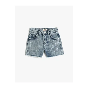 Koton Denim Shorts with Embroidered Beads, Pockets, Cotton and Adjustable Elastic Waist.