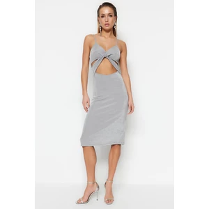 Trendyol Gray Fitted Evening Dress with Window/Cut Out Detailed in Knitting