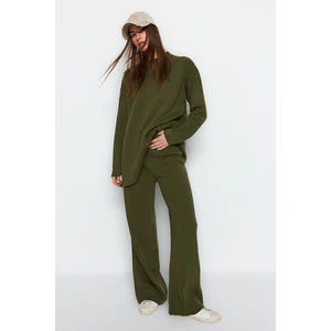 Trendyol Oil Green, Wide fit, Basic Trousers and Knitwear Top and bottom Set