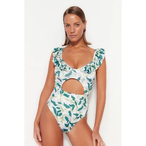 Trendyol Floral Patterned V-neck Swimsuit with Ruffles, Regular Leg