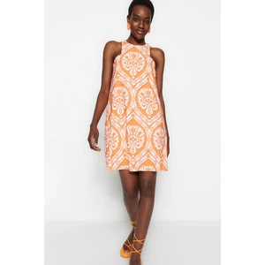 Trendyol Orange Straight Cut Mini Dress with Woven Collar Detailed and Floral