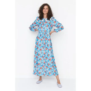 Trendyol Blue Baby Collar Floral Patterned Woven Dress