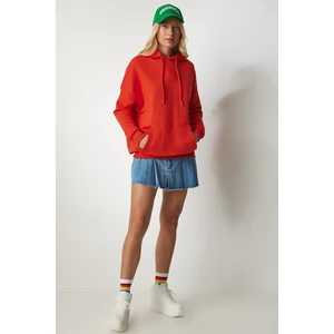 Happiness İstanbul Women's Orange Hooded Rack Basic Sweatshirt