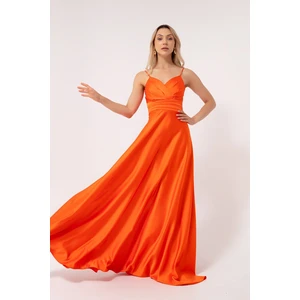 Lafaba Women's Orange Long Satin Evening Dress & Prom Dress with Thread Straps and Waist Belt