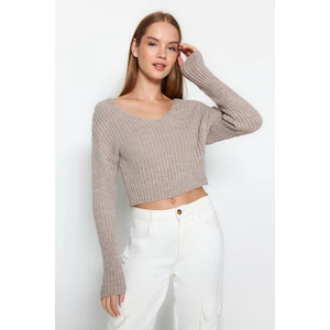 Trendyol Mink Crop Basic V-Neck Knitwear Sweater