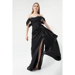 Lafaba Women's Black Bateau Neck Slit Long Satin Evening Dress.