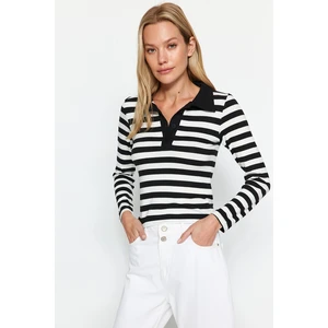 Trendyol Black Striped Soft Fabric Fitted/Simple Polo Collar Flexible Knitted Blouse with Buttons