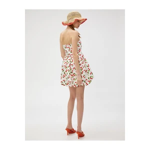 Koton Strapless Mini Dress Balloon Skirt Cherry Print Lined Cotton