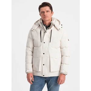 Ombre Men's winter jacket with detachable hood and cargo pockets - cream