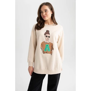 DEFACTO Relax Fit Crew Neck Printed Sweatshirt Tunic