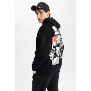 DEFACTO Oversize Fit Hooded Kangaroo Pocket Printed Soft Fluffy Sweatshirt