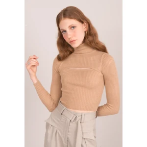 BSL Camel ribbed turtleneck with a cut-out