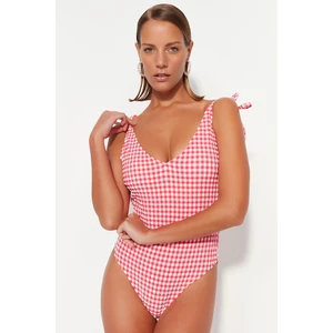 Trendyol Red Gingham, Textured V-Neck Tie Normal Leg Swimsuit