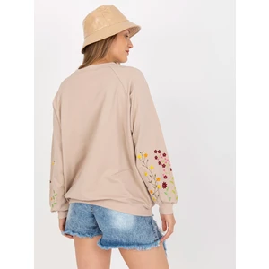 Beige sweatshirt RUE PARIS without hood with embroidery on the sleeves