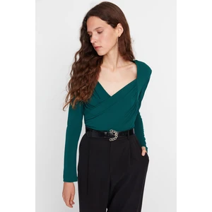 Trendyol Emerald Green Waistband Draped Detail Fitted/Situated Elastic Snaps Knitted Bodysuit