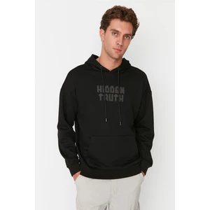 Trendyol Black Men's Oversize Fit Hooded Long Sleeve Printed Thick Sweatshirt