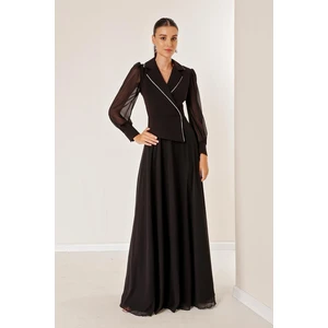 By Saygı Double Breasted Neck Stone Detailed Lined Sleeves And Skirt Chiffon Long Dress