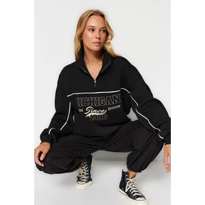 Trendyol Black with Zipper, Printed Oversize/Wide Fit, Fleece Inside, Knitted Sweatshirt