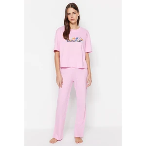 Trendyol Light Pink 100% Cotton Motto Printed T-shirt-Pants Knitted Pajamas Set