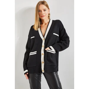 Bianco Lucci Women's Double Pocket Striped Button Down Oversized Cardigan