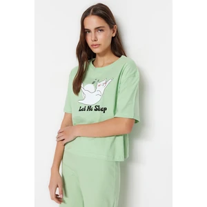 Trendyol Light Green Cotton Animal Printed T-shirt-Pants Knitted Pajama Set