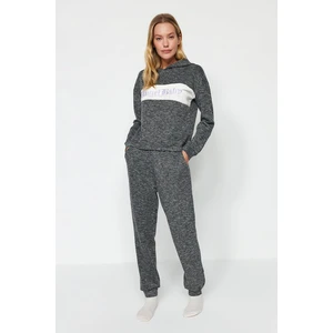 Trendyol Gray Cotton Motto Printed Sweatshirt-Jogger Knitted Pajamas Set