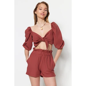 Trendyol Cinnamon Woven Tie Blouse and Short Set