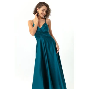 Lafaba Women's Petrol Satin Midi Evening Dress with Rope Straps and Waist Belt &Prom Dress