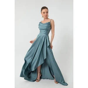 Lafaba Women's Blue Satin Evening &; Prom Dress with Ruffles and a Slit