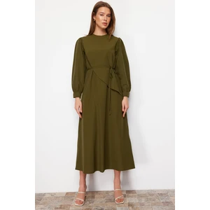 Trendyol Khaki Belted Front Split Cotton Woven Dress