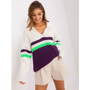 Ecru-dark purple oversize sweater with wool