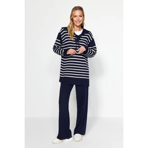 Trendyol Navy Blue Striped Collar With Tie Detailed Sweater-Pants