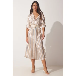 Happiness İstanbul Women's Cream Beige Striped Long Satin Surface Shirt Dress