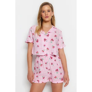 Trendyol Pink Floral Pattern Viscose Shirt-Short Woven Pajamas Set