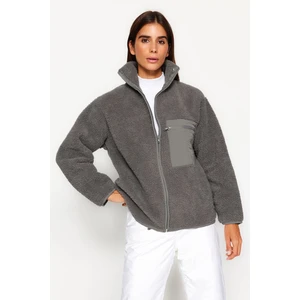 Trendyol Winter Essentials Anthracite Thick Fleece Zippered Stand-Up Collar Pocket Knitted Sweatshirt