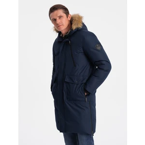 Ombre Alaskan men's winter jacket with detachable fur from the hood - navy blue