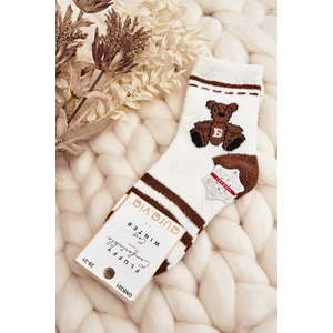 Youth warm socks with teddy bear, white and brown