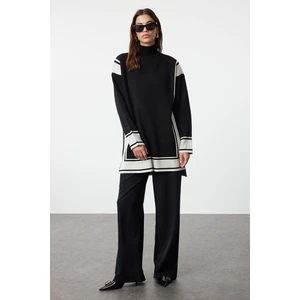 Trendyol Black Comfortable Cut Knitwear Striped Tunic-Pants Bottom-Top Set