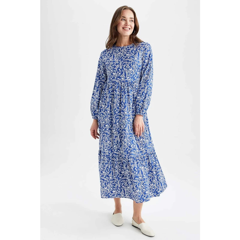 DEFACTO Crew Neck Floral Poplin Long Sleeve Maxi Dress