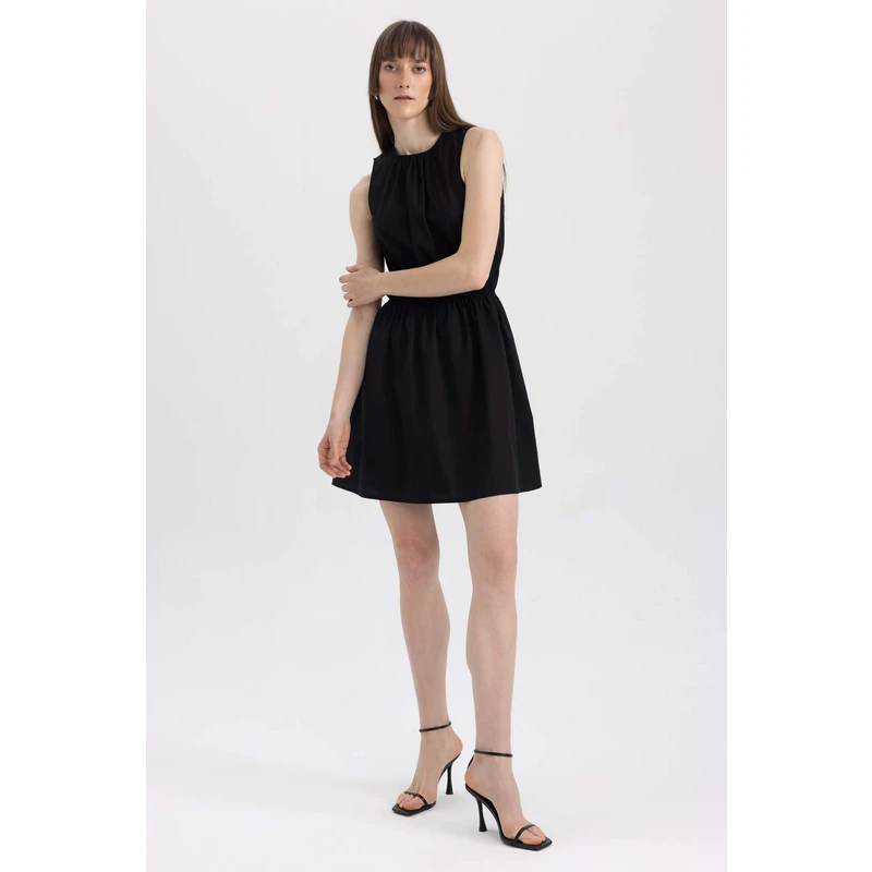 DEFACTO Round Neck Poplin Sleeveless Mini Short Sleeve Dress