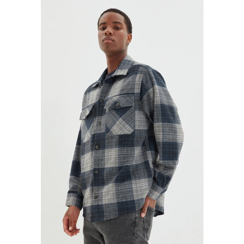 Trendyol Navy Blue Oversize Lumberjack Plaid Shirt