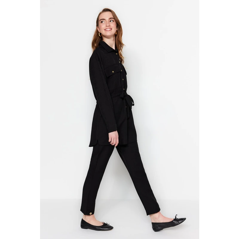 Trendyol Black Belted Linen Look Shirt-Pants Set