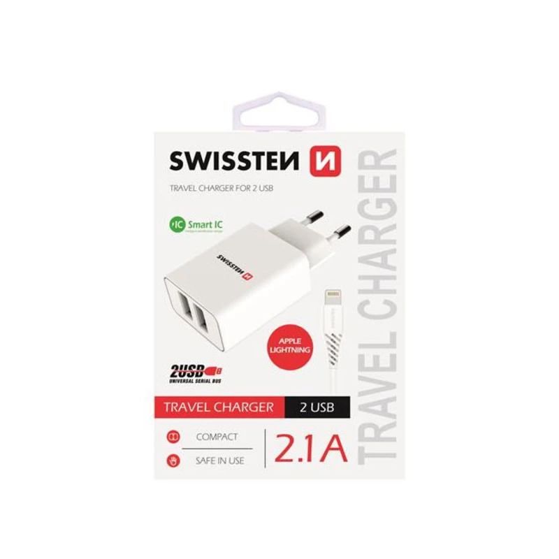 Nabíječka Swissten Smart IC 2.1A s 2 USB konektory a datovým kabelem USB/Typ C, 1,2m, bílá