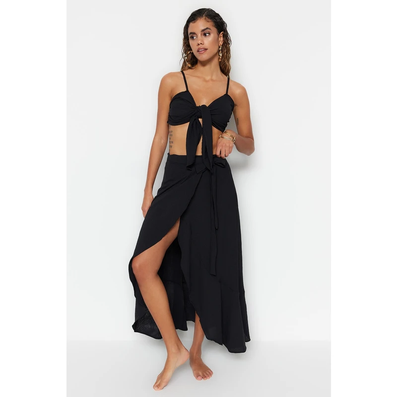 Trendyol Black Woven Slit Blouse and Skirt Set