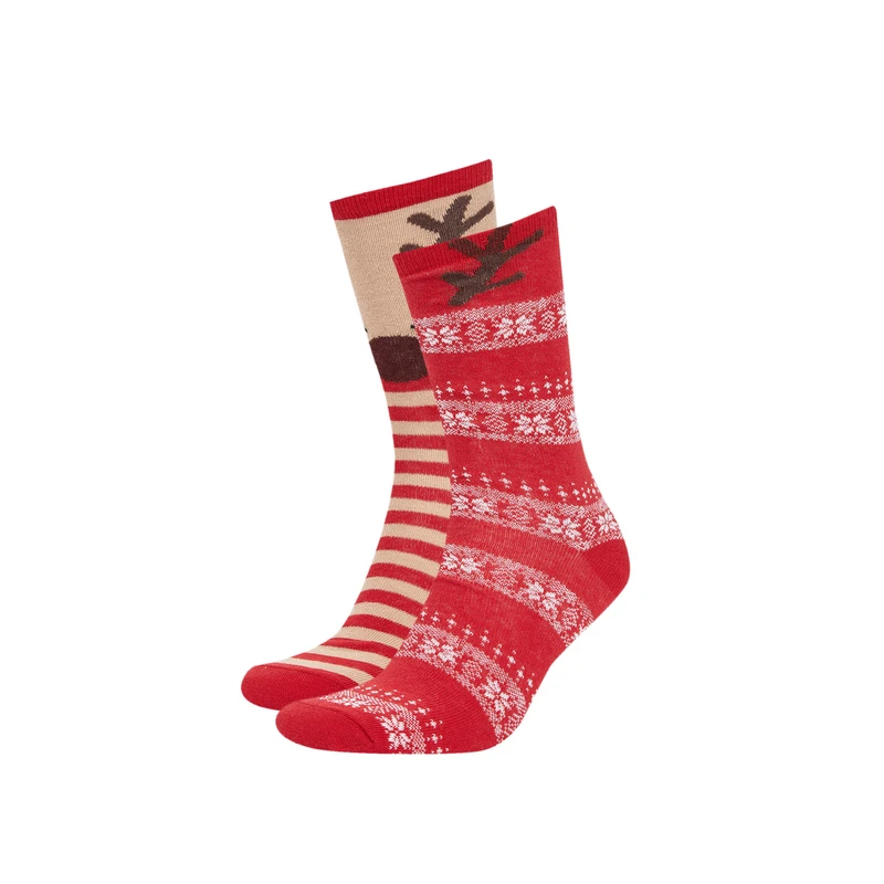 DEFACTO Women's Christmas Themed Cotton 2-Pack Long Socks