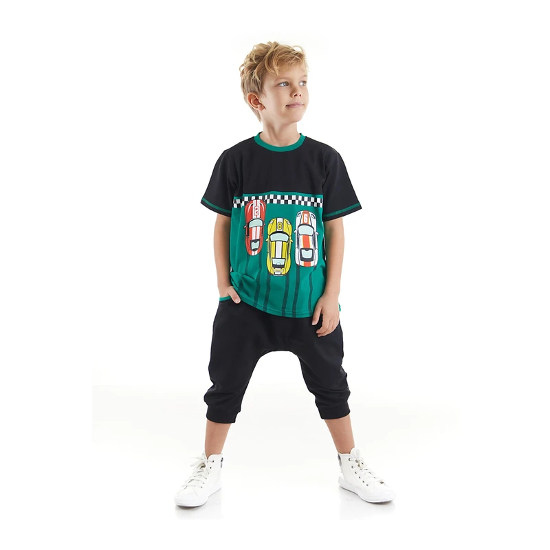 Mushi Finish Boys' Black T-shirt, Black Capri Shorts Summer Suit.