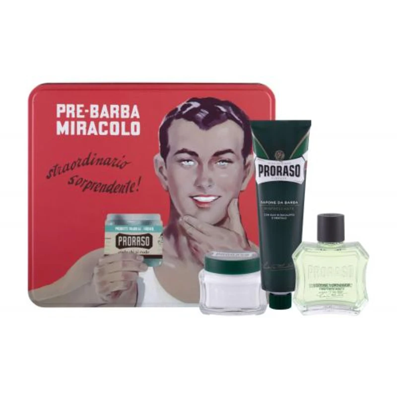 PRORASO Green After Shave Lotion dárková kazeta voda po holení 100 ml + krém na holení 150 ml + krém před holením 100 ml + plechová dóza