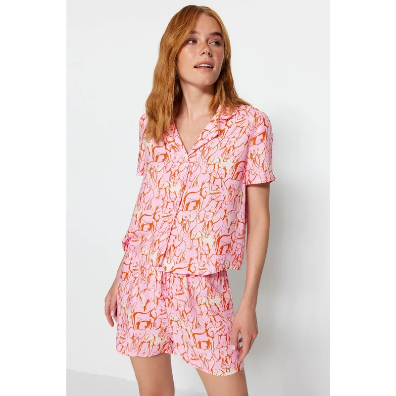 Trendyol Pink Viscose Animal Patterned Shirt-Shorts Woven Pajama Set