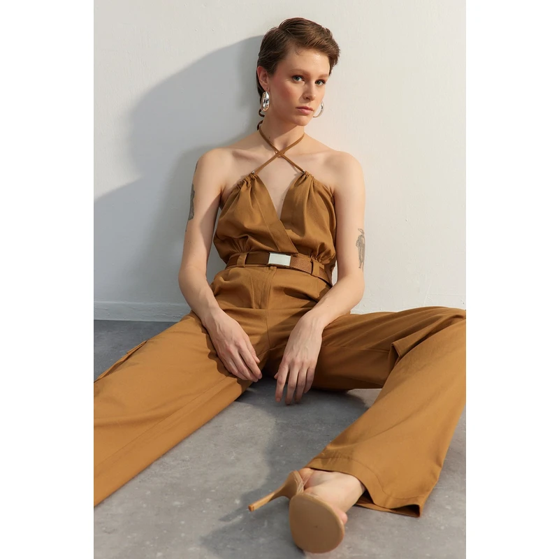 Trendyol Limited Edition Camel Belted Overalls