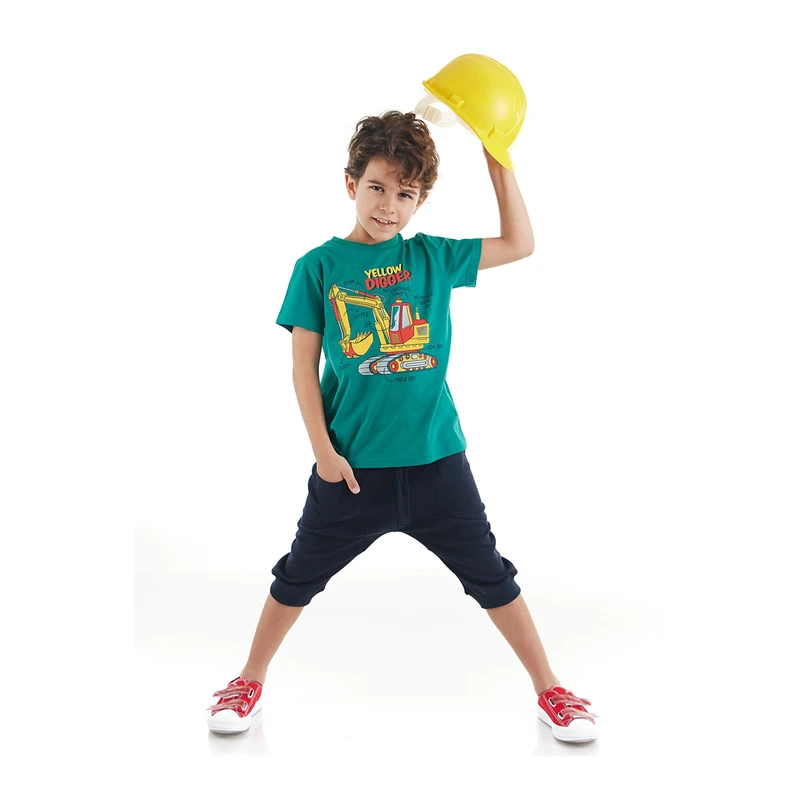 Mushi Yellow Digger Boys Green T-shirt Capri Shorts Summer Suite